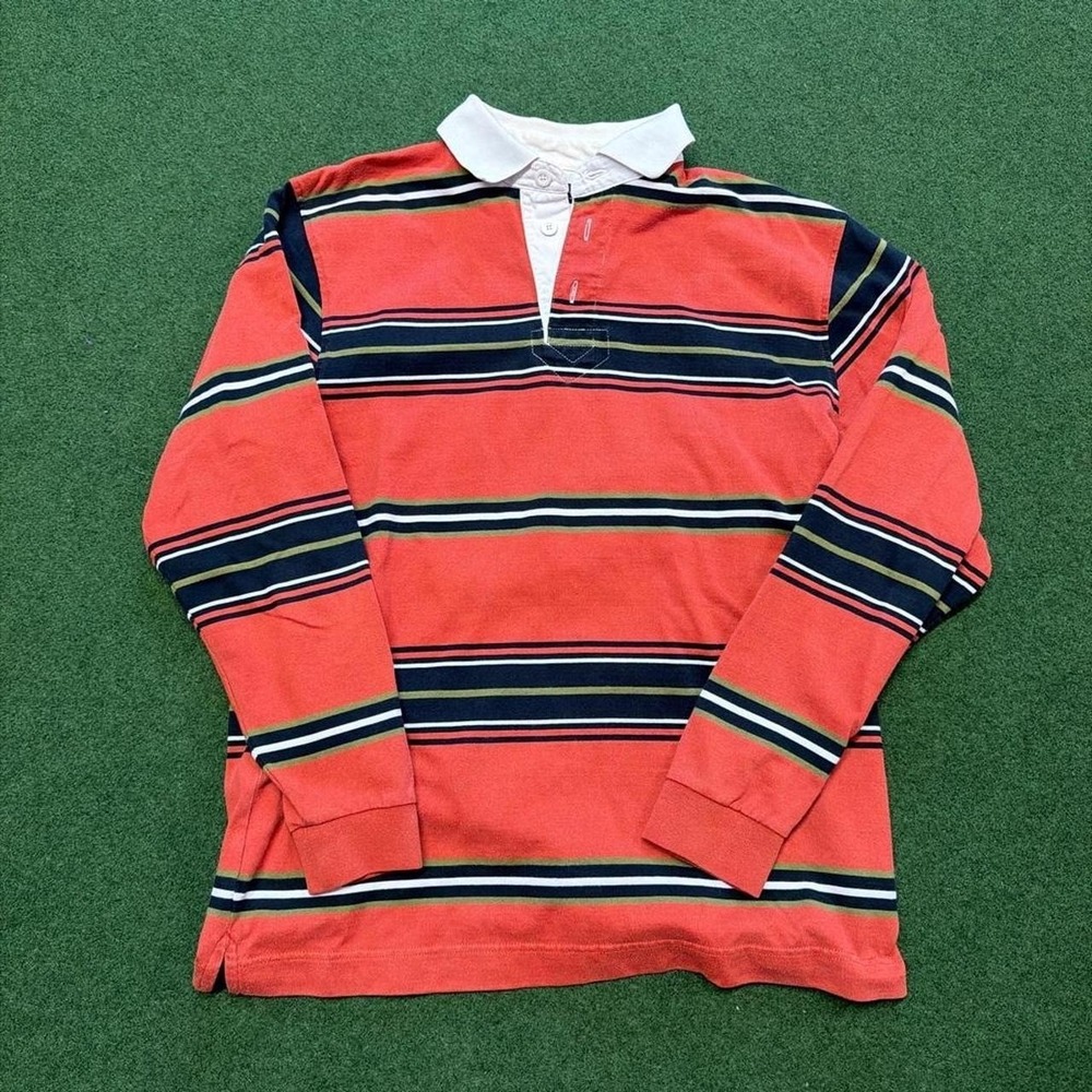 Vintage 90s orange striped rugby shirt long sleeve collared polo/rugby shirt